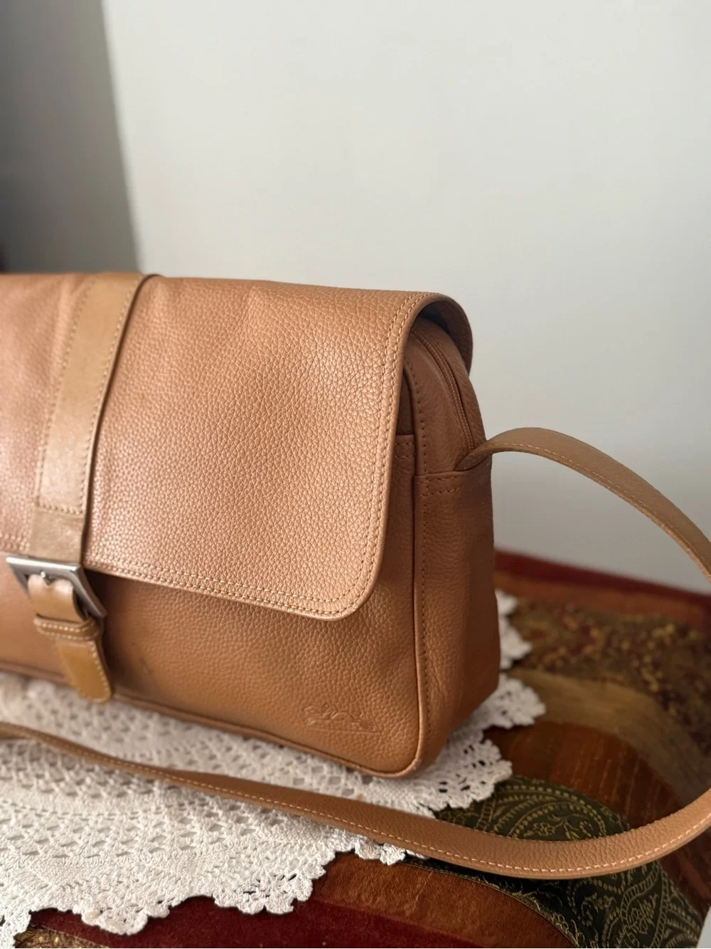 Longchamp Tan Leather Shoulder Bag with Buckled Flap